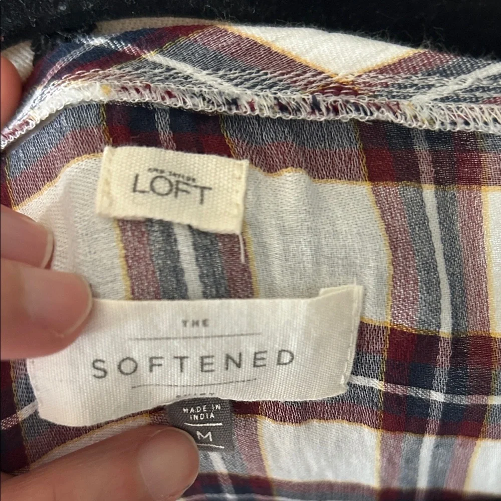 Ann Taylor loft white navy maroon plaid long sleeve boxy sheer blouse top M​​ - Picture 9 of 11